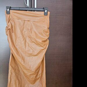 High Waisted Tummy Control Ruched Curved Hem 2-in-1 Fleece PU Midi Bodycon Party